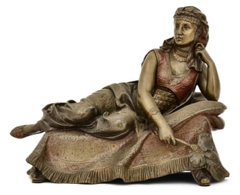 French Patinated & Polychromed-Bronze Sculpture of a Reclining Woman
