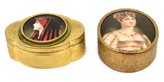 Two French Art Nouveau Enameled & Porcelain Portrait Dresser Boxes