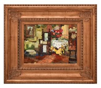 Interior Scene with Flowers, Oil on Canvas, 20th Century