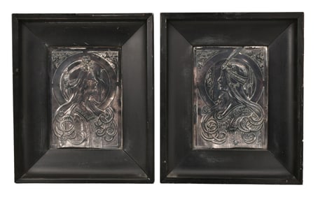 Pair of Art Nouveau Silvered Metal Plaques, A. Reimann