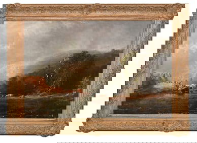 River Landscape with Boat & Figures, Oil on Canvas, 19th Century