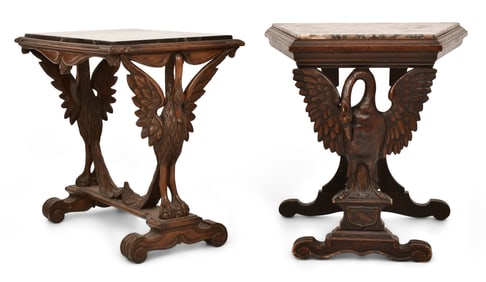 Two Carved Walnut Swan Tables with Marble Tops