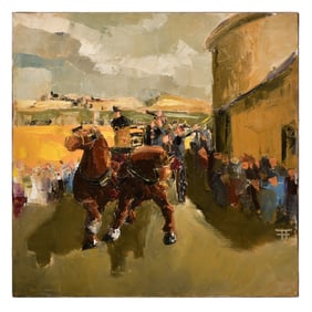 Horse-Drawn Carriage Through the City, Oil on Canvas, 20th Century