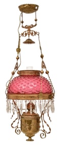 Victorian Brass & Cranberry Hobnail Glass Hanging Library Lamp
