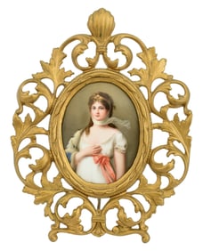 German Hand-Painted Porcelain Plaque of Queen Louisa, Artist Signed Wagner