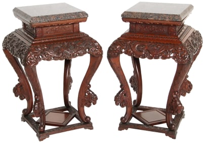 Pair of Chinese Carved Hardwood Stands with Marble Tops