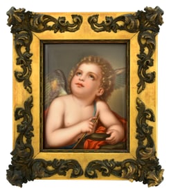 German Hand-Painted Porcelain Plaque of Cupid