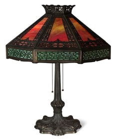 American Overlay Slag Glass & Patinated Metal Table Lamp