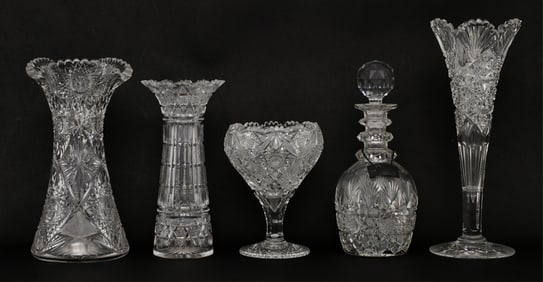 Lot of Five American Brilliant Period Cut Glass Pieces