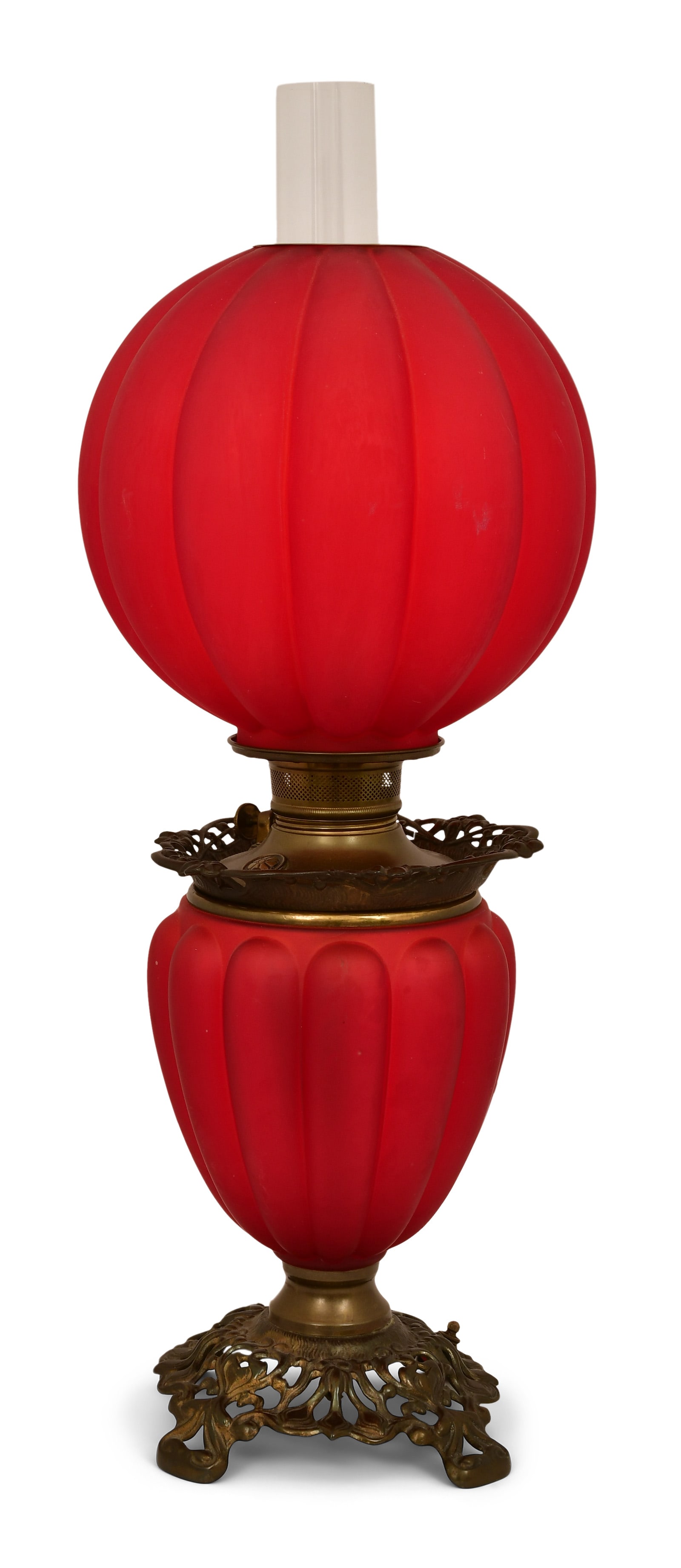 American Red Satin Glass Parlor Lamp: American Red Satin Glass Parlor Lamp19th century27 x 10 1/4 inches