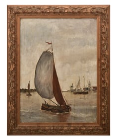 Sailboats in the Harbor, Oil on Board, Late 19th Century
