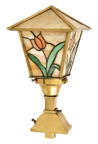 American Brass & Leaded Glass Floral Newel Post Lamp
