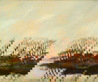 Cornelius Groeneveld (Dutch, 1882-1952), Village with a Church and Tugboats