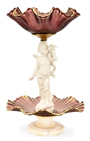 Continental Two-Tier Bisque Porcelain & Cranberry Glass Centerpiece