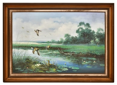 Landscape with Ducks & Pheasants, Oil on Canvas, J. Gonzalez, 20th Century