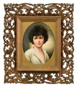German Hand-Painted Porcelain Plaque of a Woman, Artist Signed Wagner