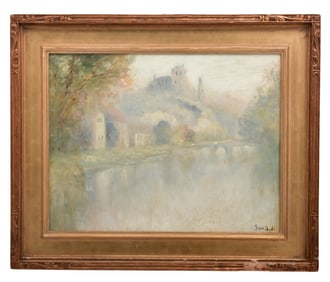 River Landscape with Castle, Oil on Panel, 19th Century, Signed Lower Right