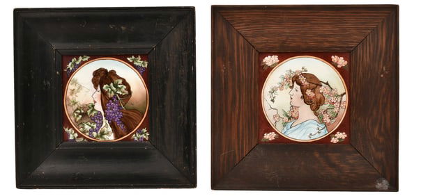 Pair of Framed Art Nouveau Earthenware Tiles