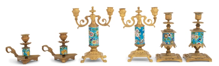 Three Pairs of Longwy Pottery Floral Candlesticks