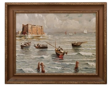 Italian Harbor Scene with Boats, Oil on Board, Circa 1943, G. Saviano