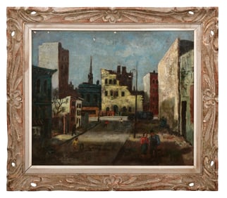 City Street Scene, Oil on Canvas, 20th Century
