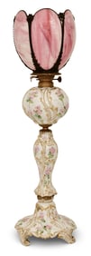 German Porcelain Banquet Lamp with Slag Glass Shade