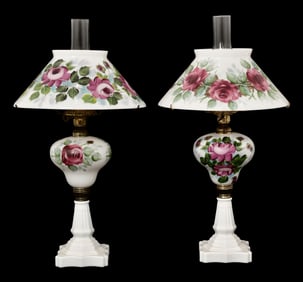 Pair of American Hand-Painted Milk Glass Table Lamps