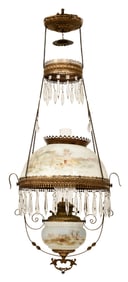 Victorian Brass & Hand-Painted Glass Hanging Library Lamp