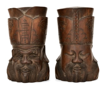 Pair of Chinese Carved Hardwood Busts, Huanghuali Wood