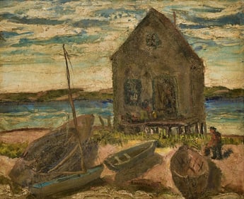 Samuel Brecher (American, 1897-1982), Coastal Landscape with Fishing Boats & Figure