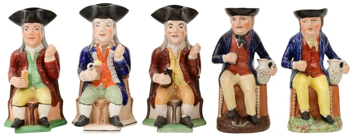 Five Staffordshire Pottery Figural Pitchers