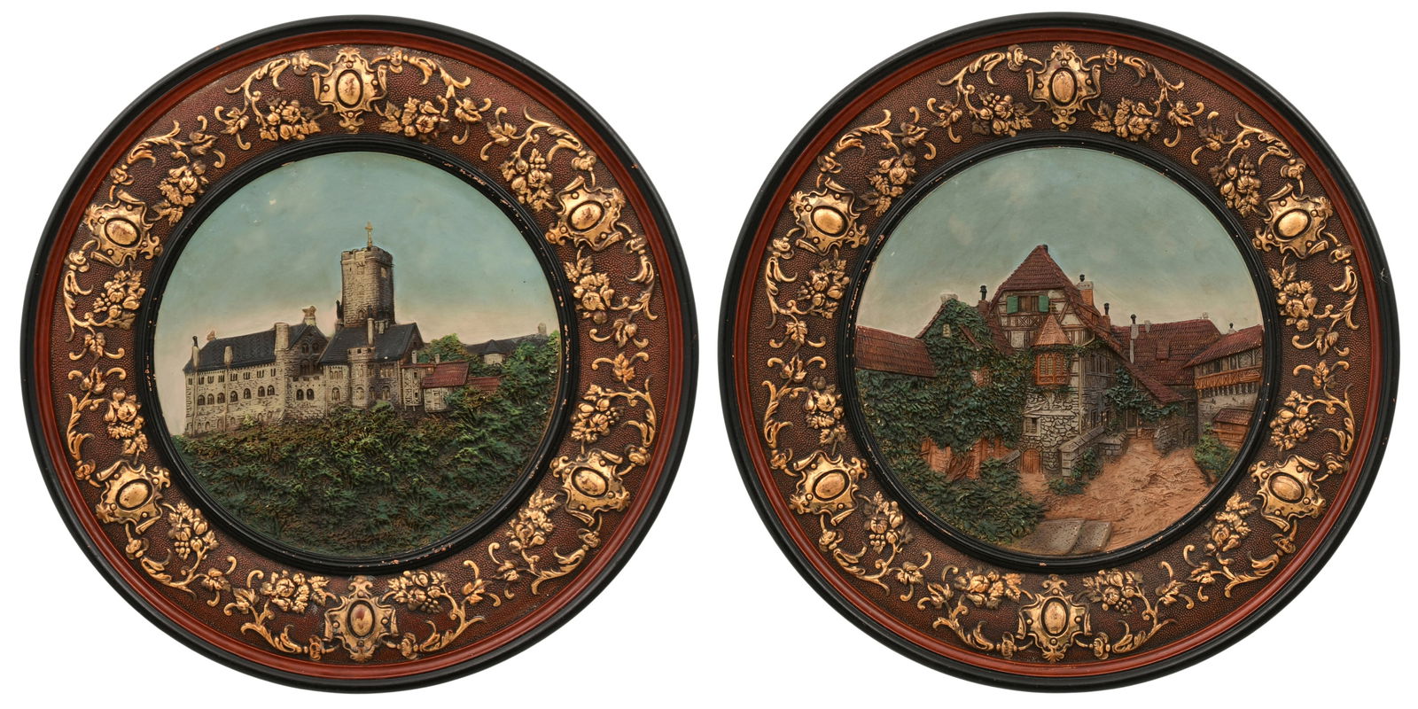 Johann Maresch (Austrian, 1821-1914), Pair of Chargers: Johann Maresch(Austrian, 1821-1914)Pair of Chargerspainted terracottamarked "JM, 5590, Die Wartburg" and "JM, 5589, Das Lutherhaus Auf Der Wartburg"13 1/2 in. diameterOther Notes: Fontaine’s