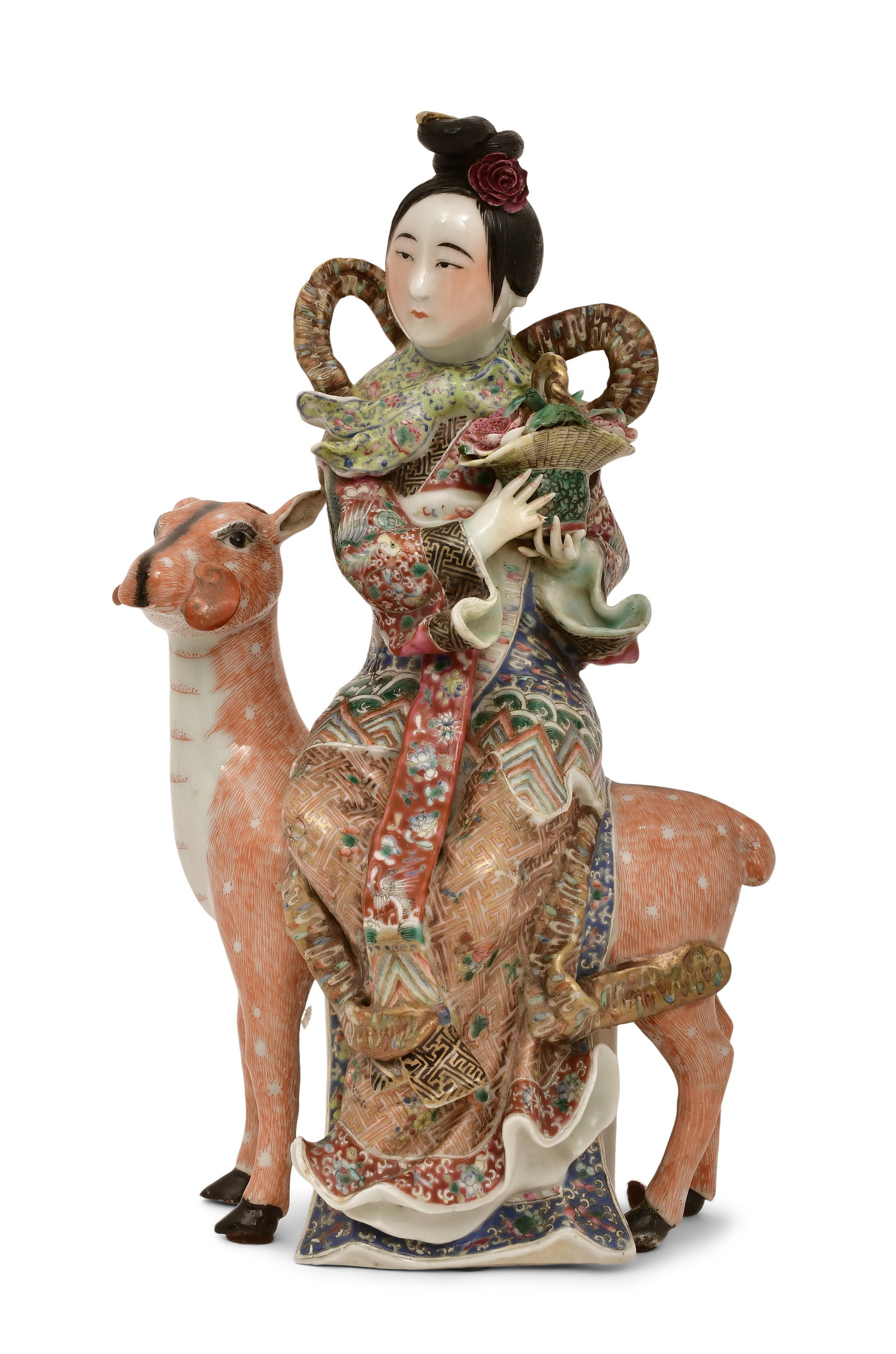 Chinese Porcelain Grouping of a Woman & Deer: Chinese Porcelain Grouping of a Woman & Deer early 20th century 12 x 7 x 4 3/4 inches