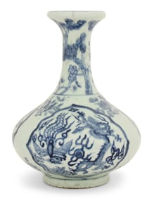 Chinese Qing Dynasty Blue & White Porcelain Flared Vase with Dragon & Phoenix, Kangxi Period