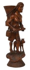 Asian Wood Carving of a Woman and Dog