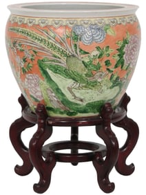 Asian Porcelain Fish Bowl on Stand
