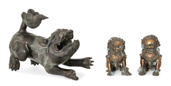 Three Asian Bronze Foo Dogs
