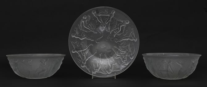 Lot of Two Lalique Style Frosted Glass Bowls & One Plate