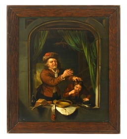 Continental Hand-Painted Porcelain Plaque, Dentist & His Patient, After Gerrit Dou