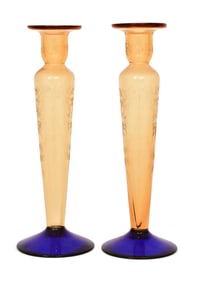 Pair of Pairpoint Intaglio Cut Glass Candlesticks