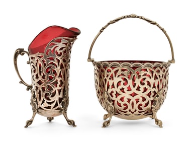 Silver Plated & Cranberry Glass Basket & Creamer