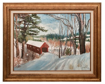 Winter Landscape with Bridge, Oil on Panel, 20th Century, Signed "H. Mann"