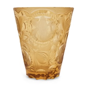 American Intaglio Cut Amber Glass Floral Vase