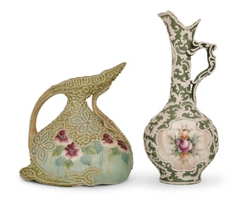 Two Nippon Moriage Porcelain Ewers