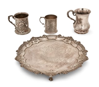 English Sterling Silver Tray & Three Cups