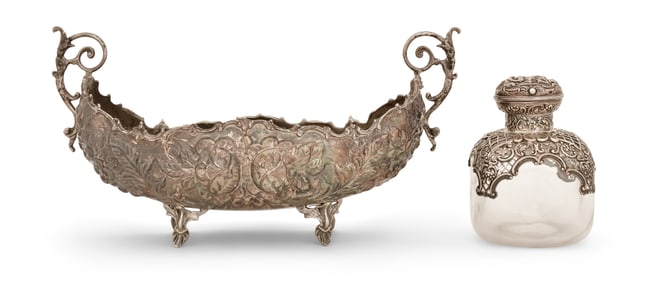 A Continental Sterling Silver Centerpiece and a Sterling Silver & Glass Perfume Bottle