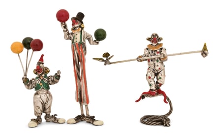 Three Sorini, Vittorio Angini, Silver & Enamel Figures of Clowns