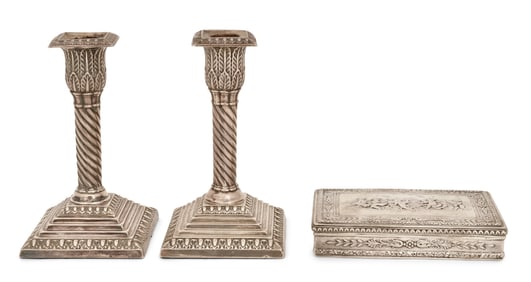 Pair of English Sterling Silver Candlesticks and a German 800 Silver Box