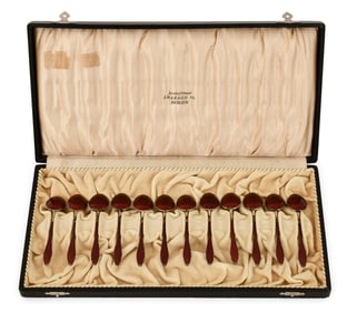 Set of 12 Gilt Sterling Silver & Enamel Spoons with Case