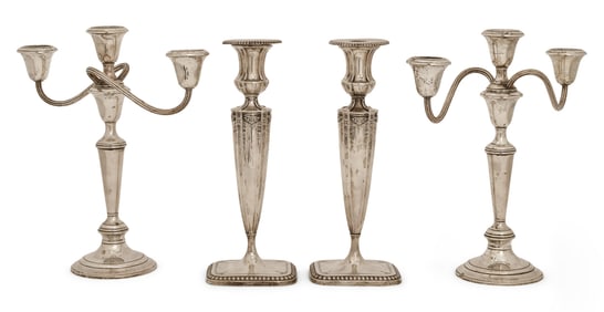 A Pair of Gorham Sterling Silver Candelabra and a Pair of Reed & Barton Sterling Silver Candlesticks